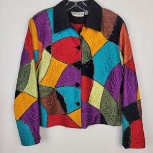 Vintage Anage Beaded Sequin Patchwork Jacket Women's L Rainbow 80s 90s Statement